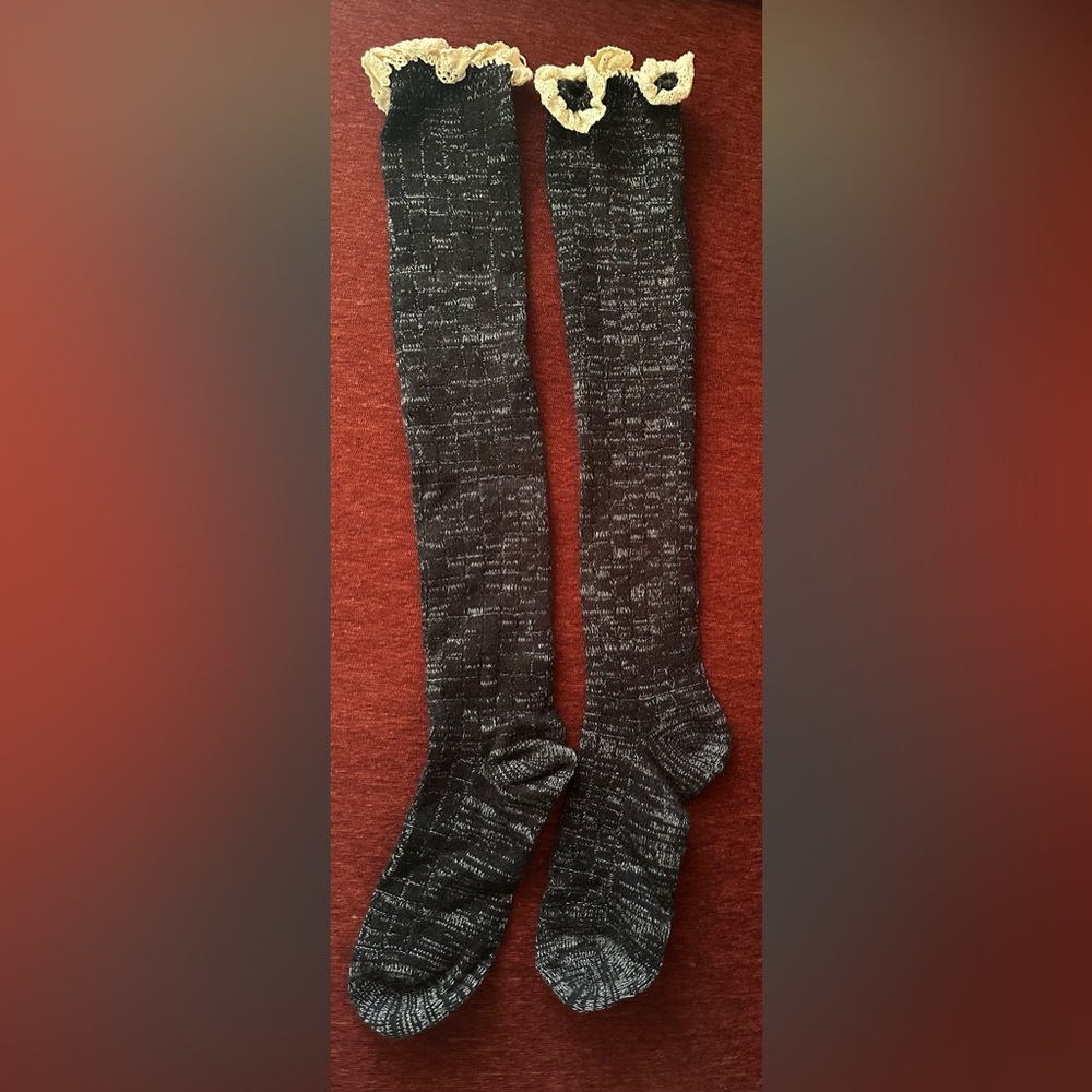 Black Knee High Boot Socks Cream Lace Trim Cozy Knit NWOT